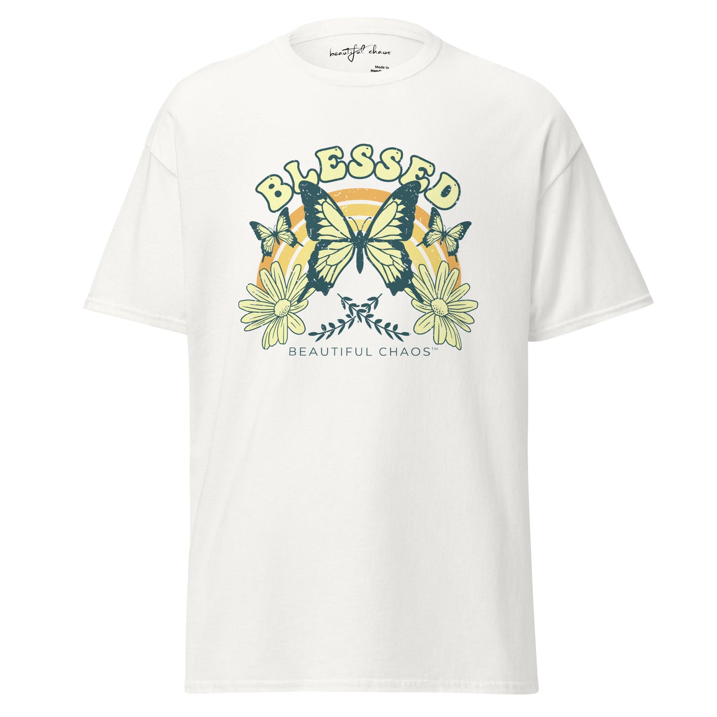 Beautiful Chaos Blessed Butterfly Retro Tee Lemon Green